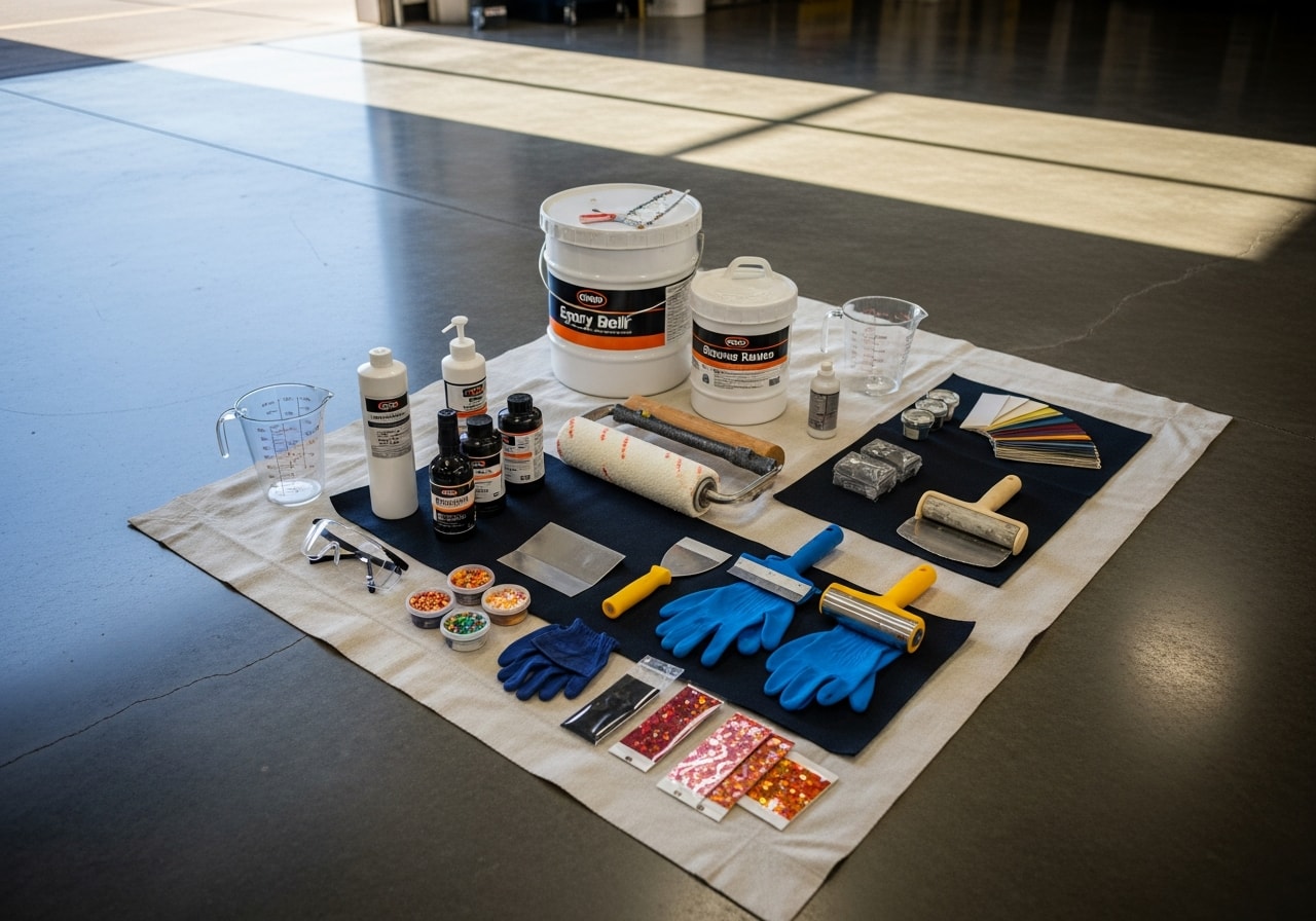 Epoxy flooring installation tools and materials on a prepared concrete floor ready for application.