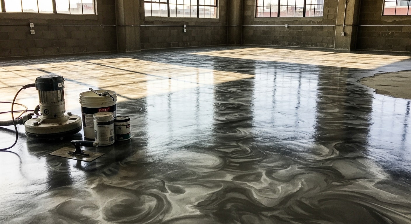 Epoxy floor installation in progress showing metallic finish application