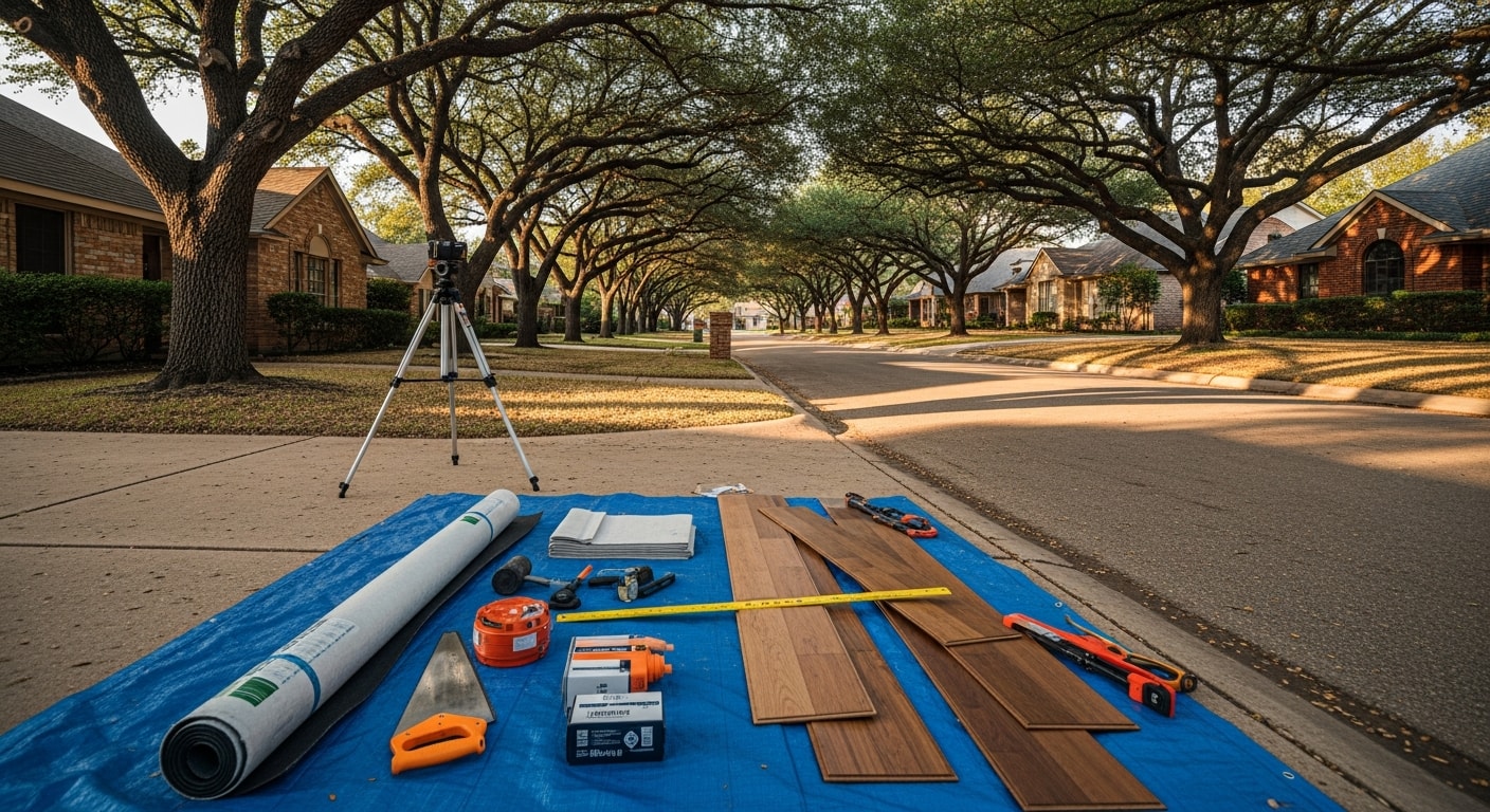Professional team working on a residential property in a Dallas neighborhood with mature trees and brick homes visible.