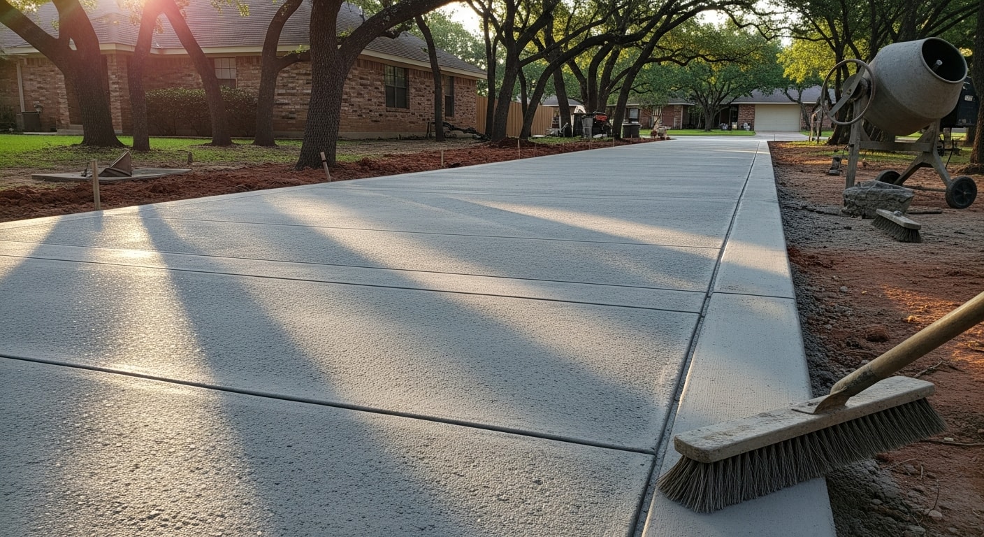 A freshly finished concrete driveway in front of a Dallas residential home, showing a smooth broom-textured surface with clean edges. The slab reflects the flat, sun-lit conditions typical of a North Texas property.
