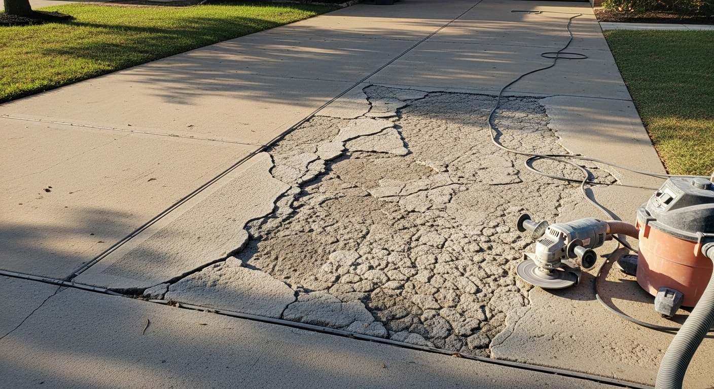 A repaired concrete driveway in Dallas, Texas showing a smooth, level surface with filled cracks and restored edges. The surrounding yard reflects a typical Dallas residential property with clay soil visible along the slab edge.