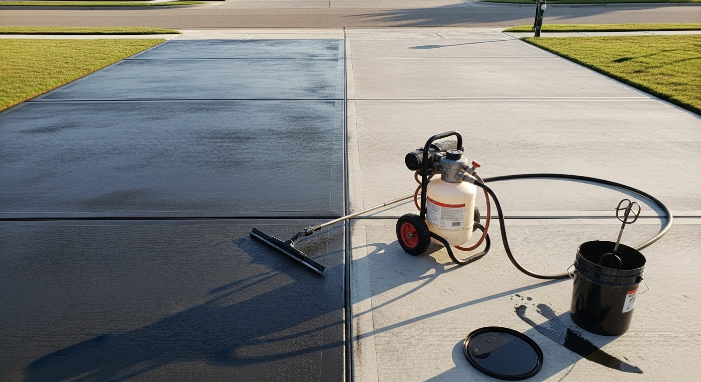 A freshly sealed concrete driveway at a Dallas residential property, showing a clean, even surface finish with no visible staining or cracking. The sealed slab reflects light evenly under bright Texas sun.
