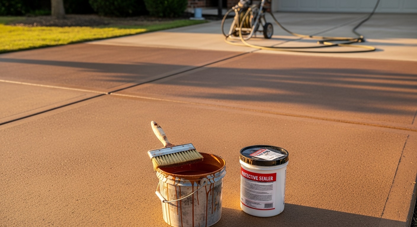 Stained concrete floor inside a Dallas home showing rich, variegated earth-tone color and a sealed, low-sheen finish. The surface extends from an interior living area toward a patio door, showing the flooring in a residential Texas setting.