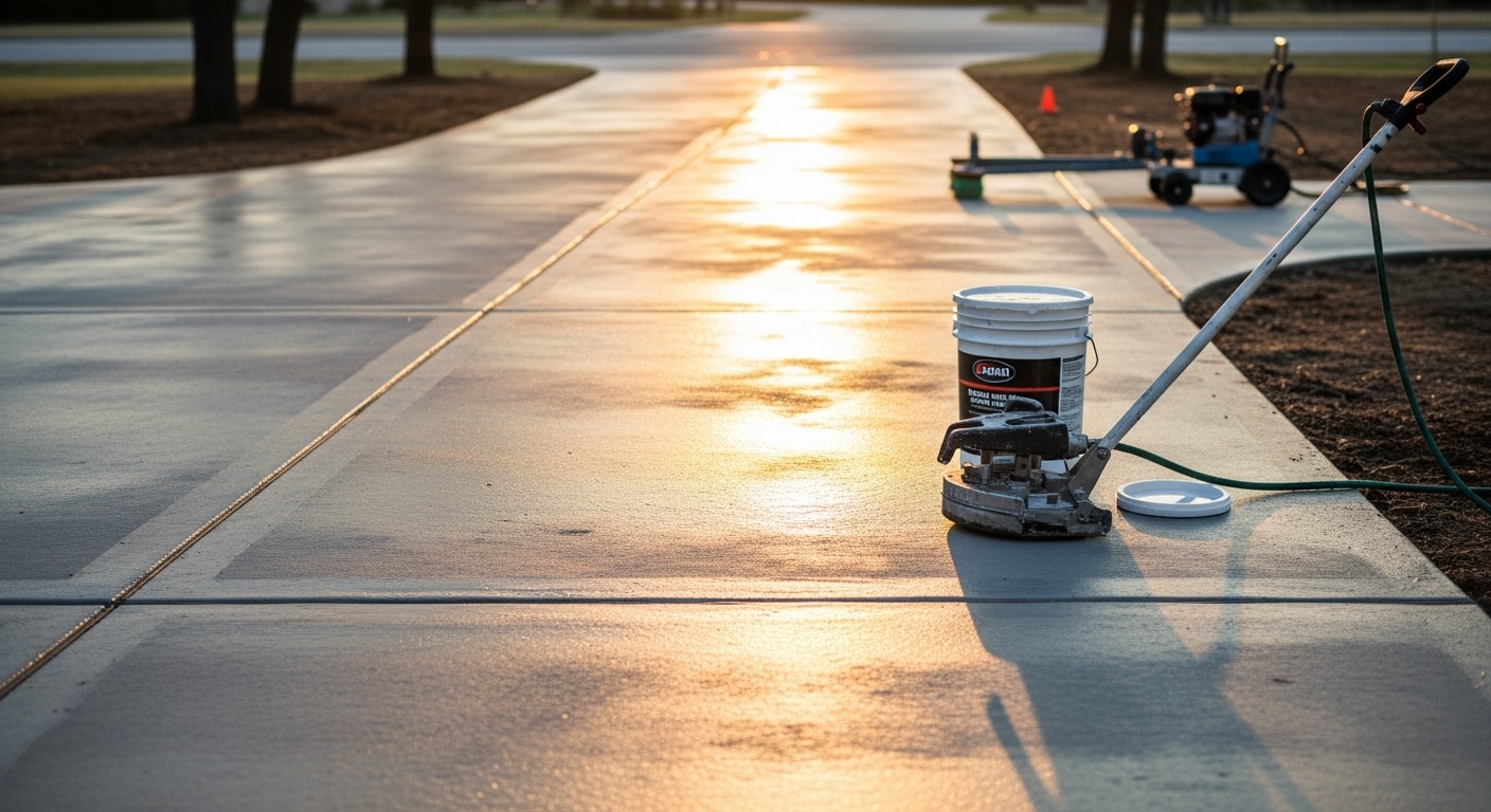 A freshly sealed concrete driveway in front of a Dallas residential home, showing a clean, even surface with no visible staining or cracking. The sealed finish reflects the Texas afternoon light with a uniform sheen.