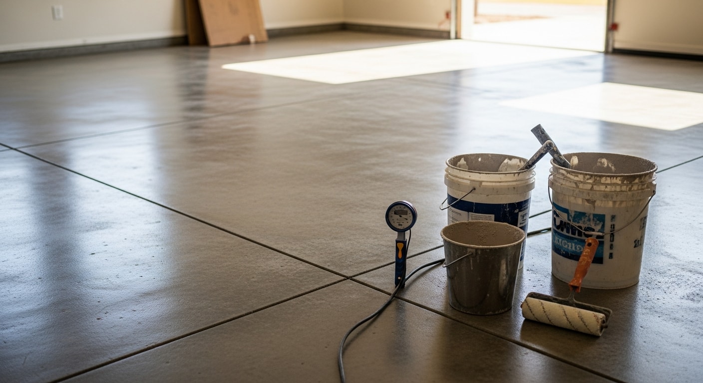 Large commercial warehouse with a clean solid-color epoxy floor coating