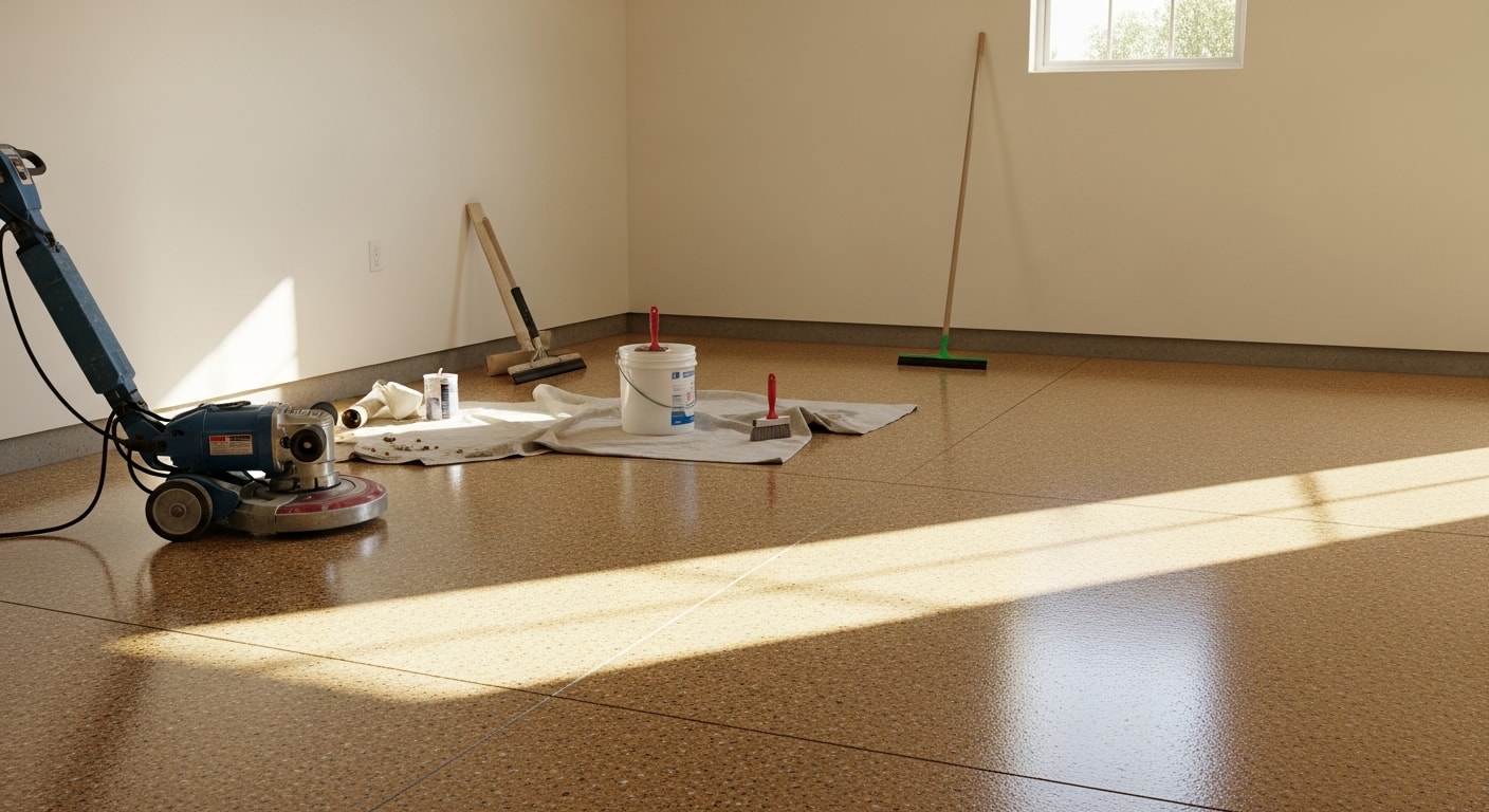 Finished flake floor coating on a Dallas garage concrete slab, showing a full-broadcast color flake pattern with a high-gloss clear topcoat. The surface reflects overhead lighting and shows no visible cracks, stains, or bare concrete.