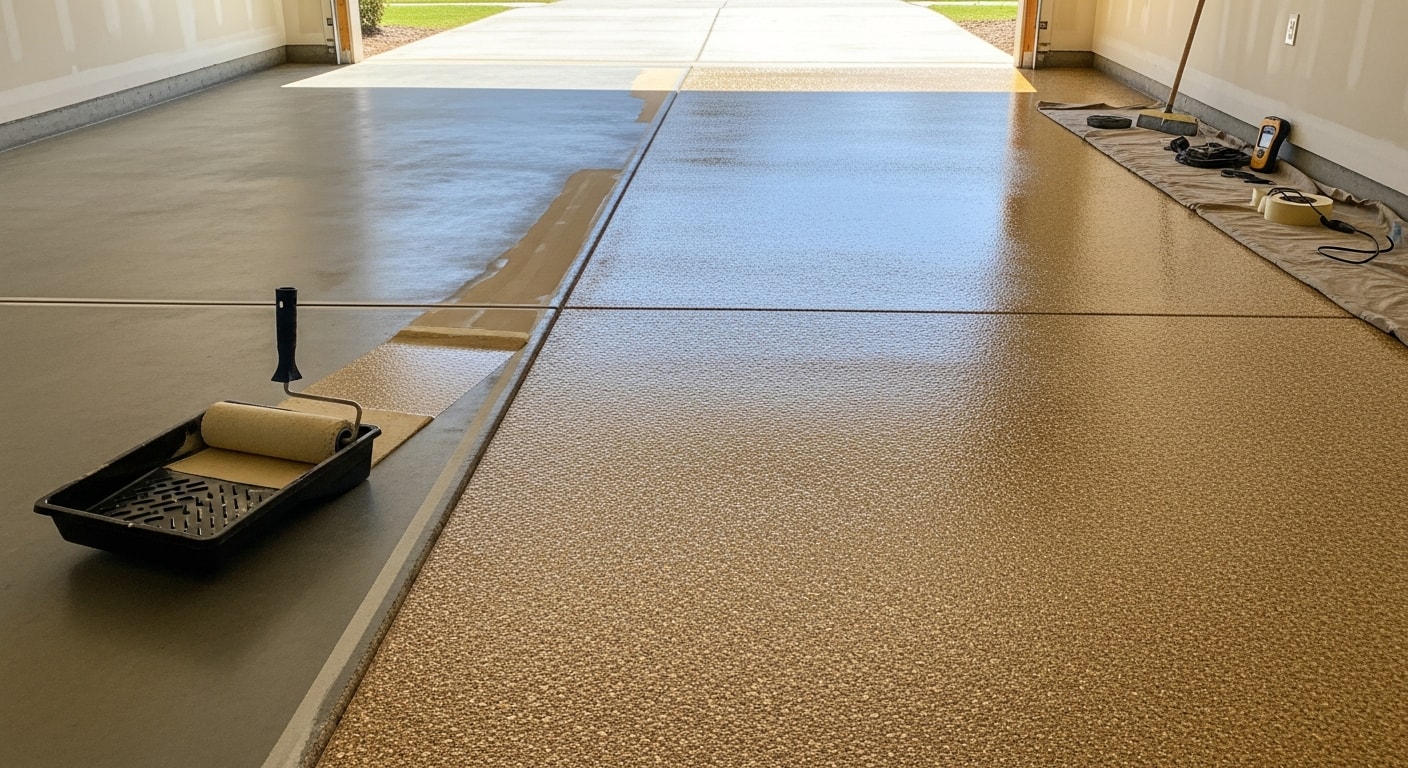 A freshly coated Dallas garage floor with a smooth, light-gray decorative flake finish reflecting overhead lighting. The sealed concrete surface shows no cracks, stains, or discoloration, with a two-car garage interior visible in the background.