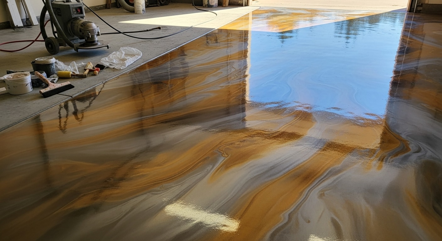 Finished metallic epoxy floor in a Dallas garage showing a high-gloss, multi-tone surface with visible depth and light reflection. The seamless coating covers the full concrete slab with no visible seams or joints.