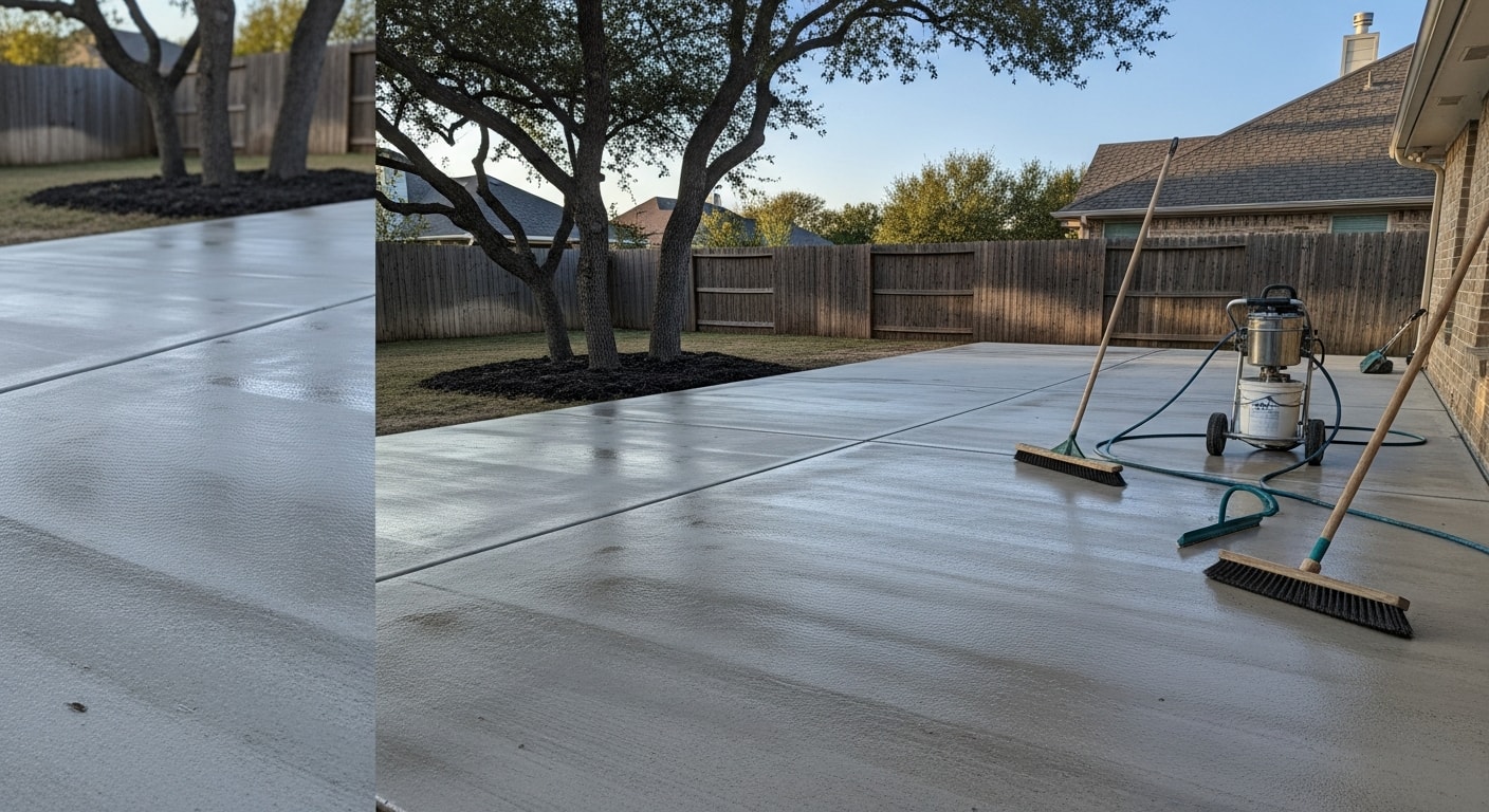 A finished concrete patio in a Dallas backyard showing a textured broom-finish surface with clean edges and a sealed, even color. The slab extends from the back of a single-family home with a grassy yard visible at the border.